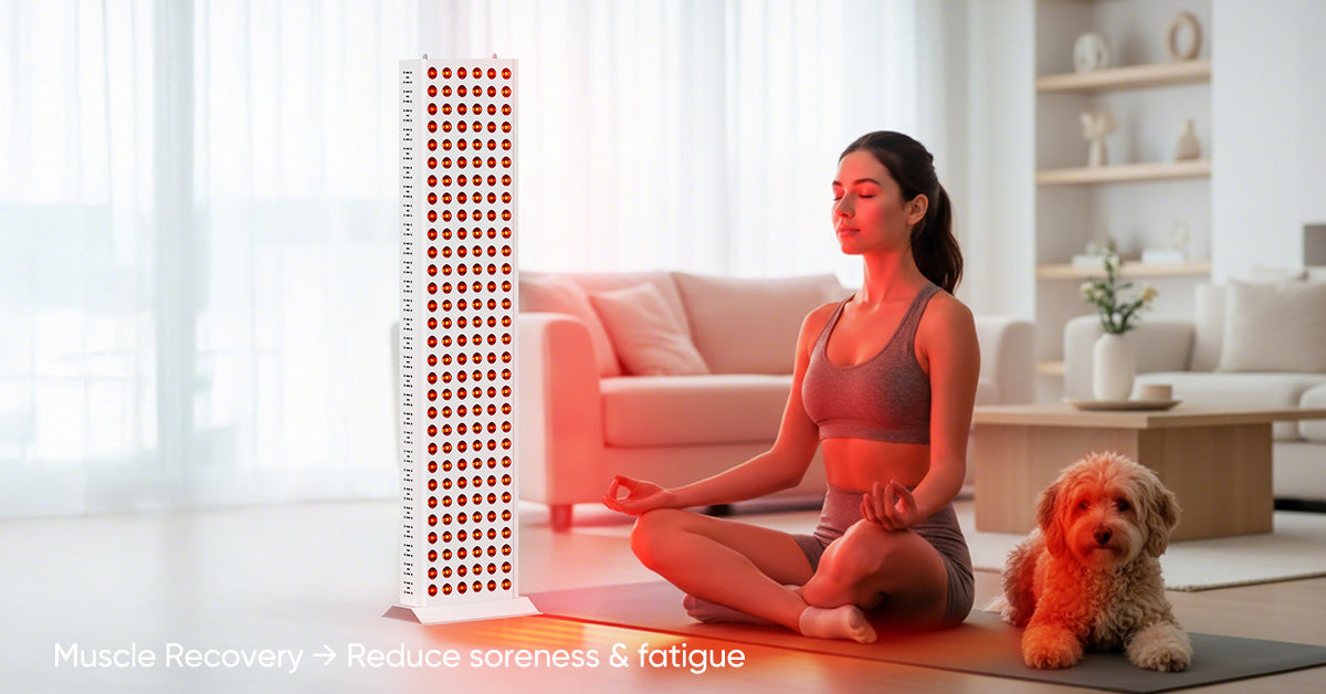 female user doing yoga while receiving at-home red light therapy recovery with pet dog