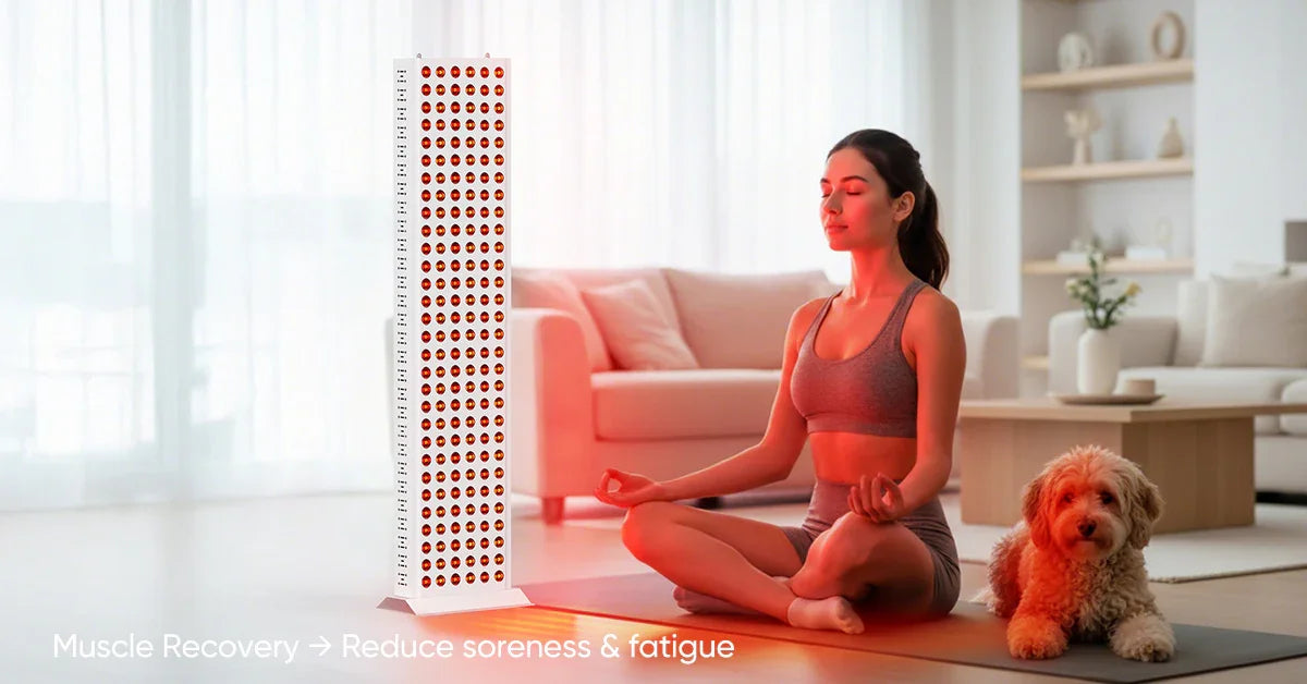 Woman meditating with red light therapy panel for muscle recovery and fatigue relief at home