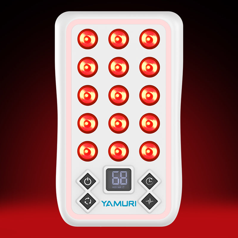 Red light therapy device with glowing LEDs and digital timer for at-home wellness