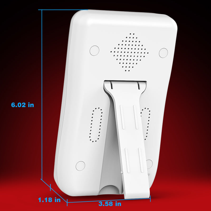 White LED therapy device with stand, showing dimensions for compact home use