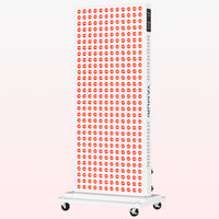 Large red light therapy panel with LED lights on mobile base, clinical at-home device