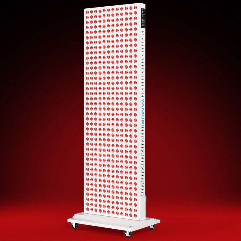 Tall red light therapy panel with LED array, adjustable settings, on wheeled stand for home use