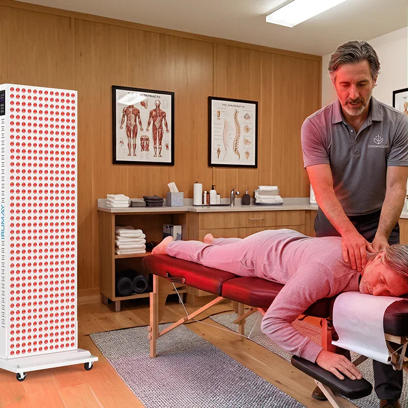 Red light therapy panel in clinic with massage therapist treating patient on table