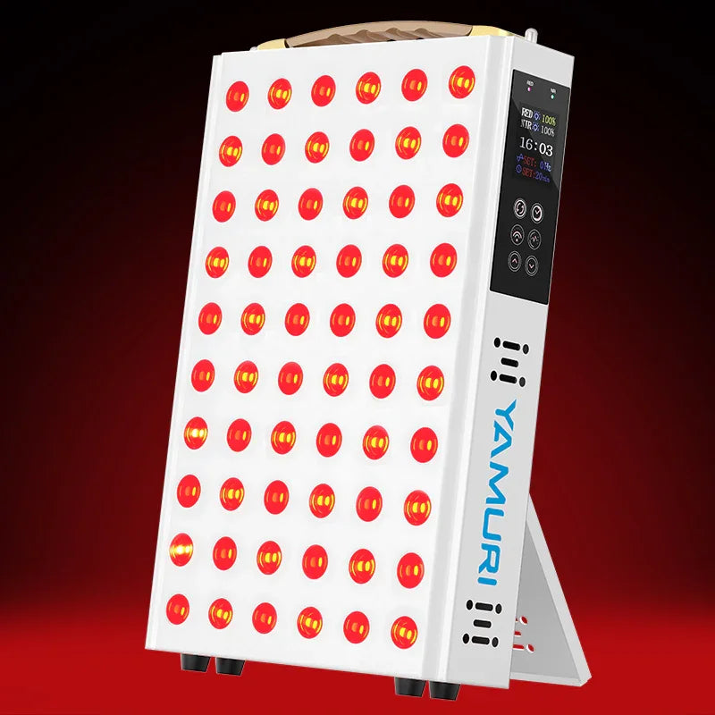 Yamuri red light therapy panel with glowing LEDs, digital timer, and adjustable settings for at-home use