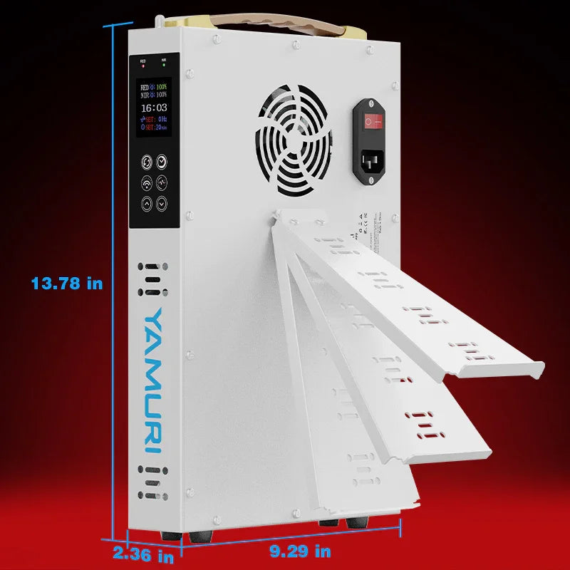 White red light therapy panel with digital display, adjustable stand, and cooling fan, 13.78 inches tall