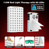 110W red light therapy panel with 60 LEDs, foldable stand, goggles, and suspension kit for home use