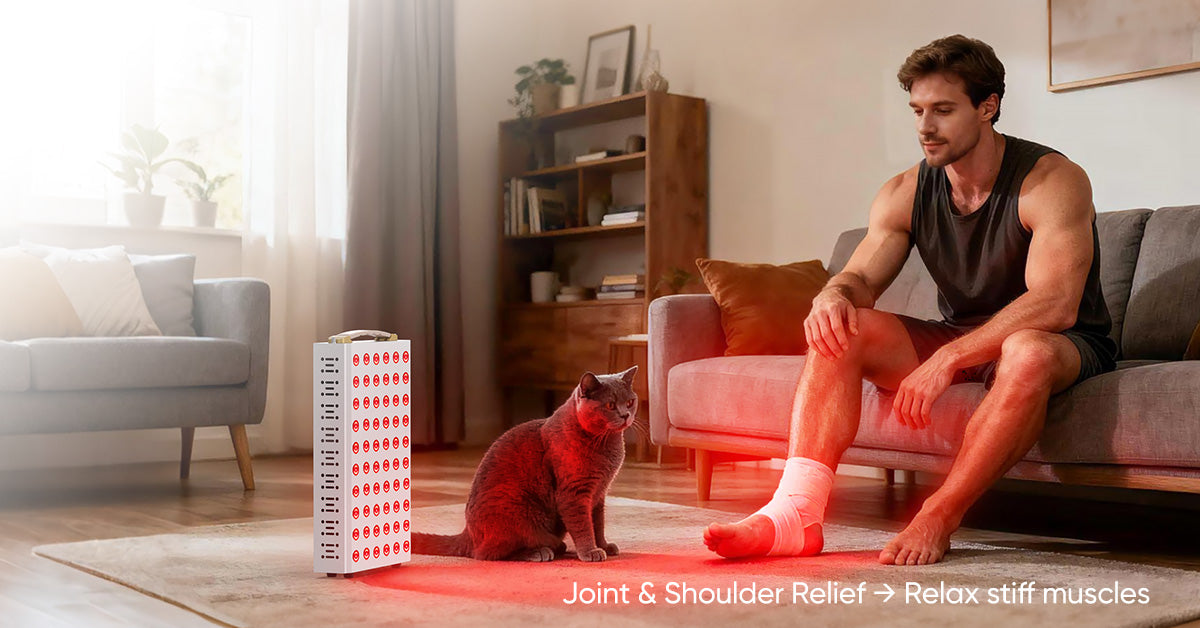 male user receiving at-home red light therapy for injured foot recovery with pet cat
