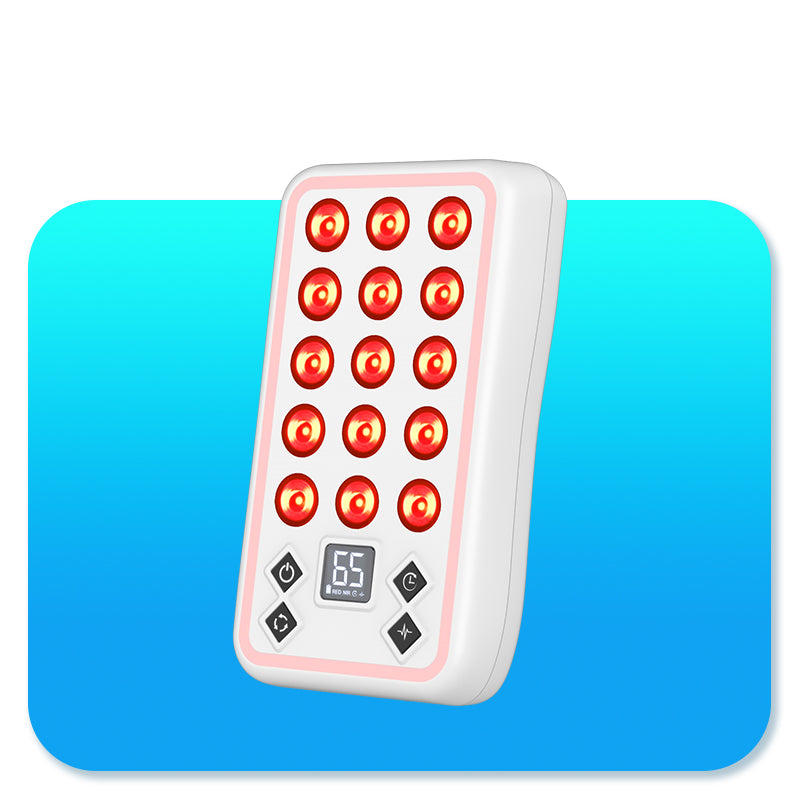 Handheld red light therapy device with LED panel and digital timer on blue background