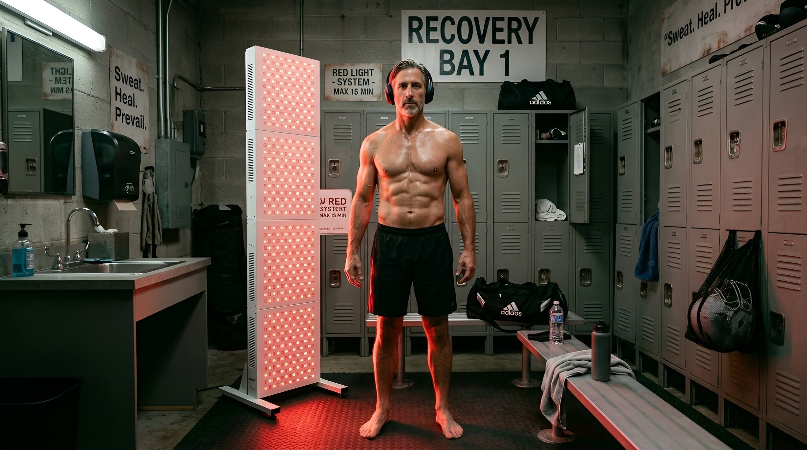 Male athlete using red light therapy in a gym locker room for post-workout muscle recovery and pain relief
