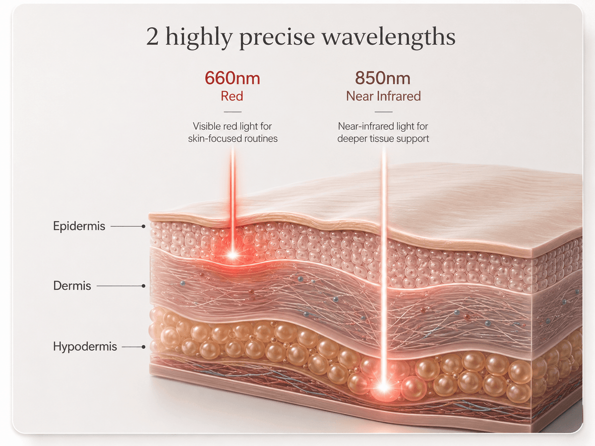 YA60-2W7 660nm and 850nm wavelength illustration YA60-2W7 illustration comparing 660nm red light and 850nm near-infrared light across labeled skin layers