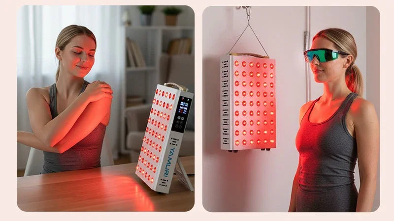 Woman using an LED red light therapy panel for muscle recovery and skin health at home.