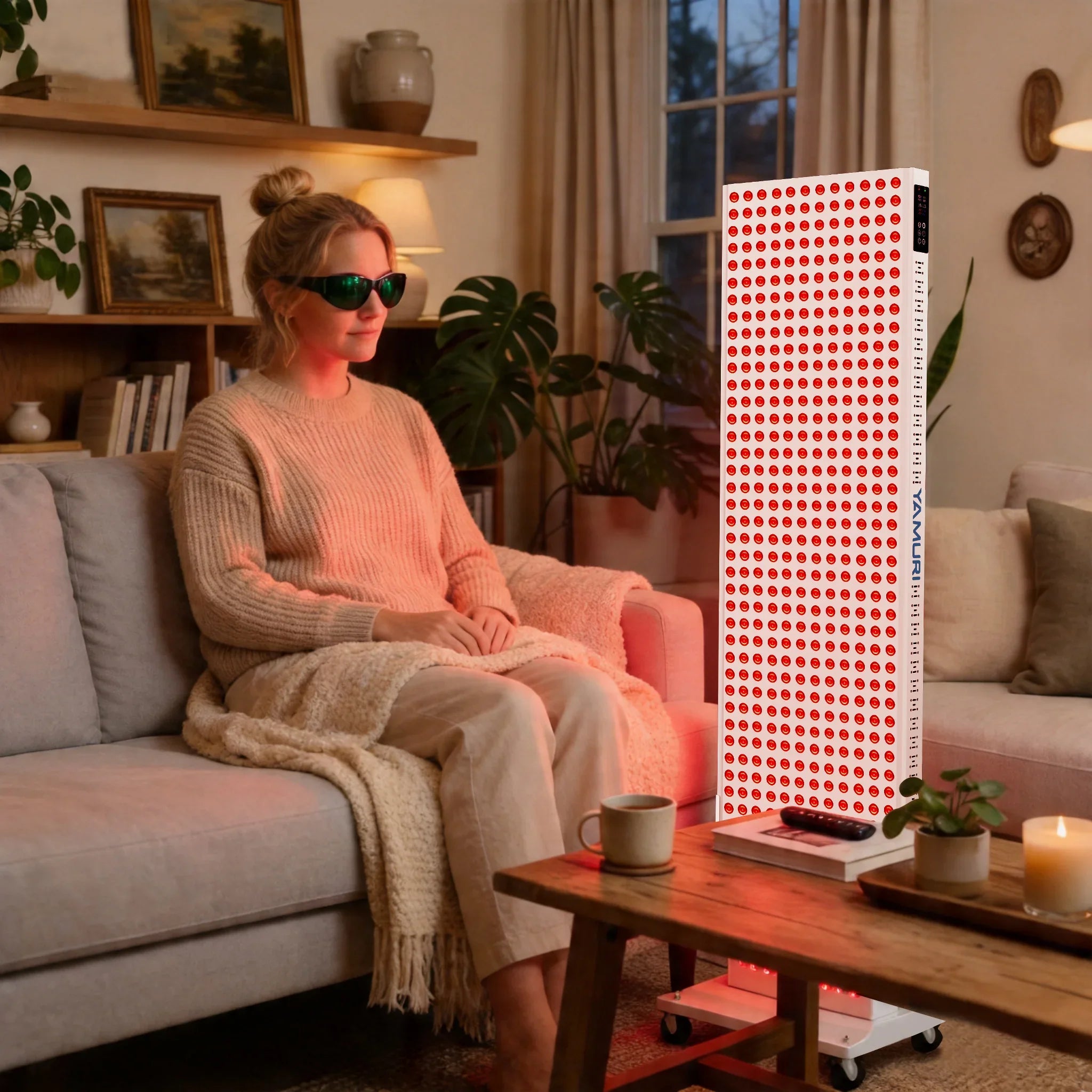 Woman using red light therapy panel at home for skin and muscle recovery, wearing protective glasses in cozy living room