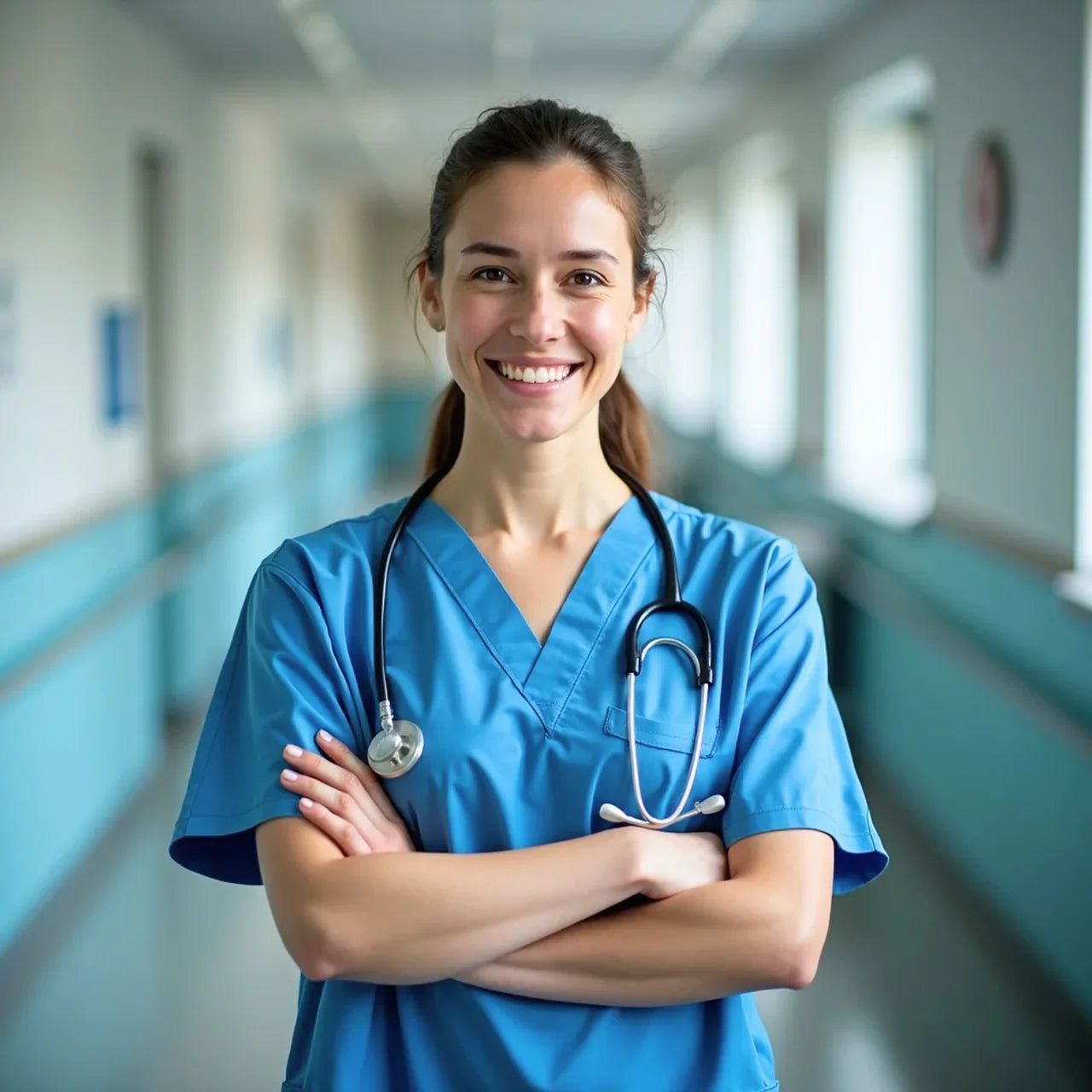 Smiling female nurse in blue scrubs with stethoscope standing in hospital corridor