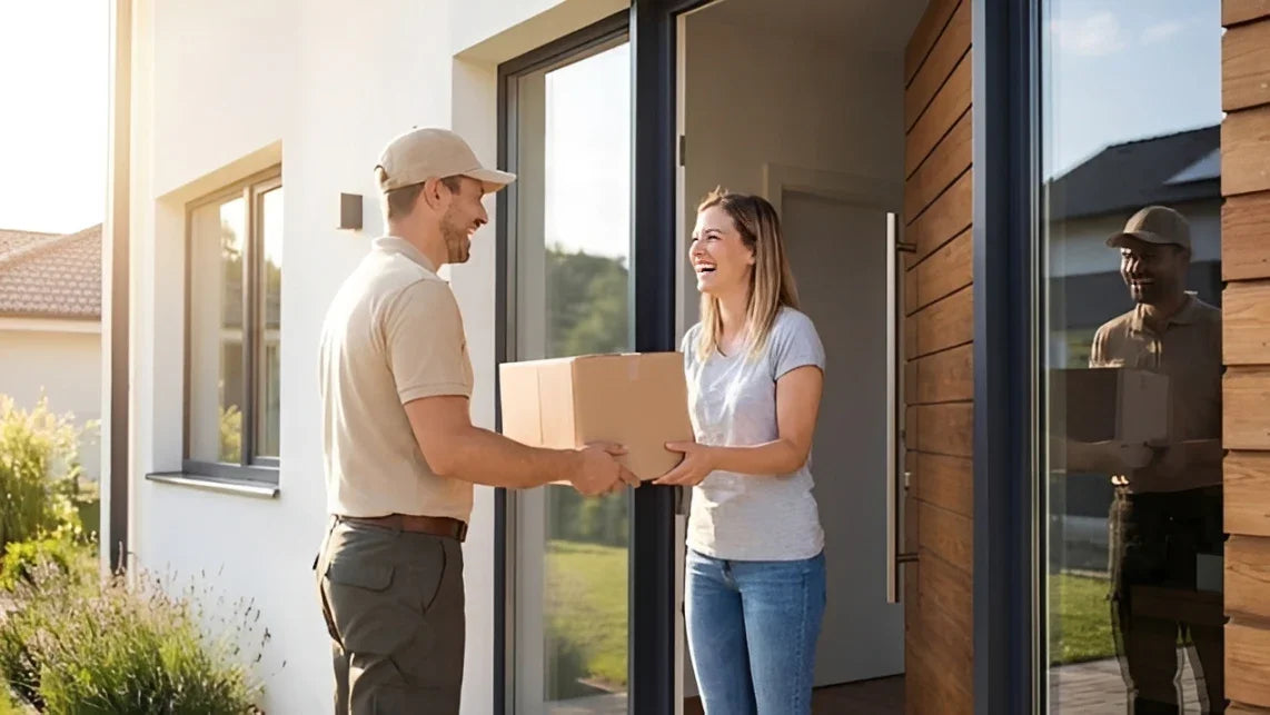 Delivery person handing package to smiling woman at modern home door