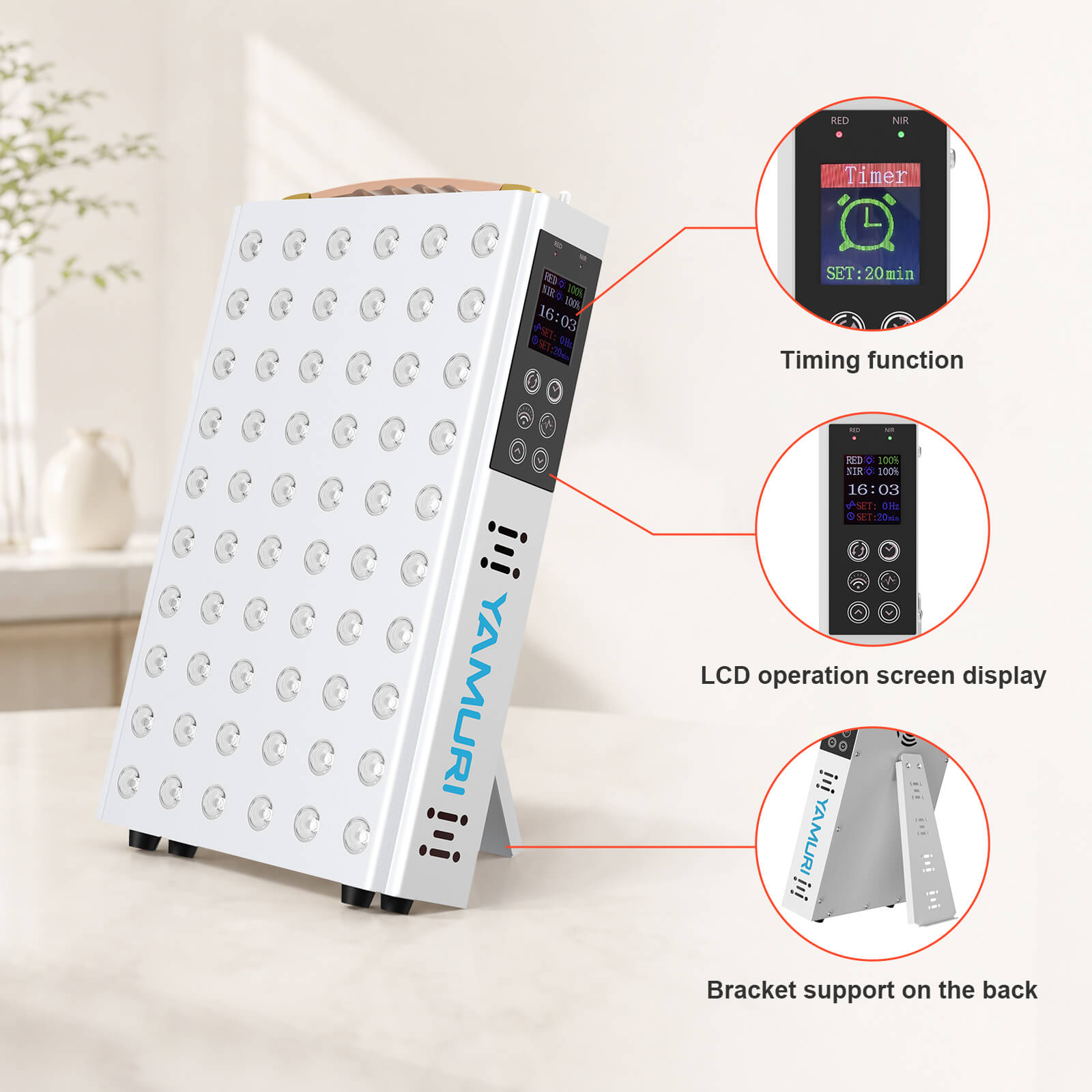 YA60-2W7 product feature diagram highlighting the timer, LCD control panel, and adjustable rear support stand