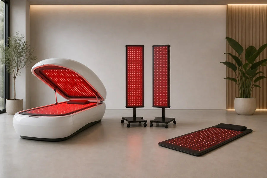 Lie-down bed, vertical booth, and modular red light panels displayed for comparison