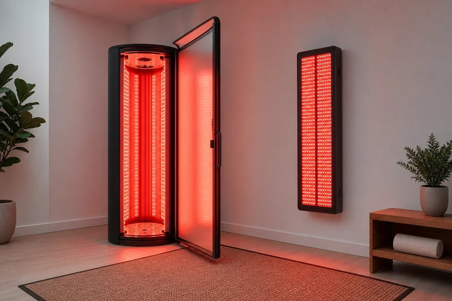 Open stand-up red light therapy booth beside a full-body panel system