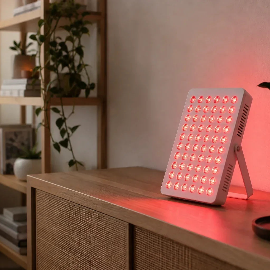 Red LED therapy panel emitting 650 nm light in a calm home setting
