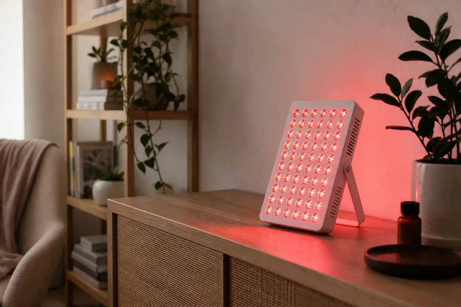 Red LED therapy panel emitting 650 nm light in a calm home setting