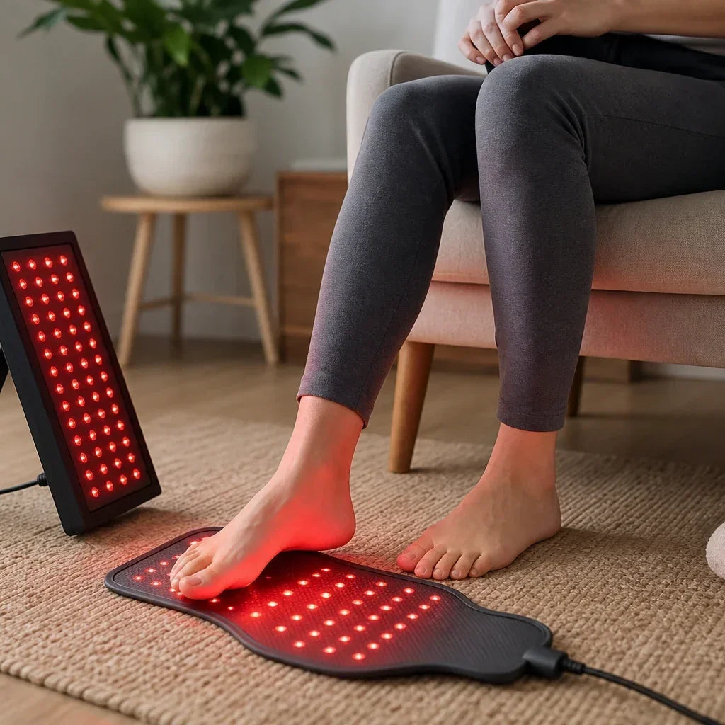 Generic red light foot pad and small panel compared in a calm home setting