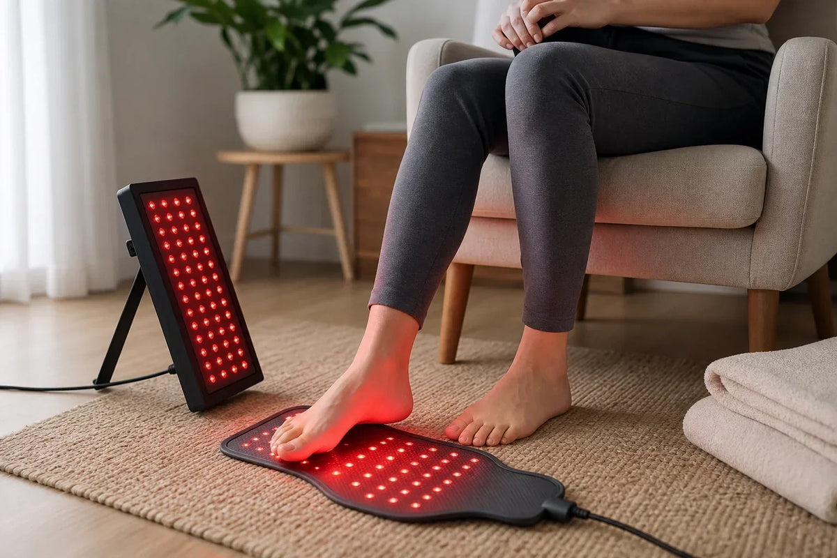 Generic red light foot pad and small panel compared in a calm home setting