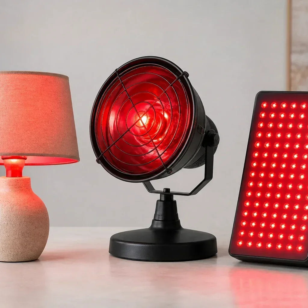 Three red-light products showing a household bulb, heat lamp, and therapy panel