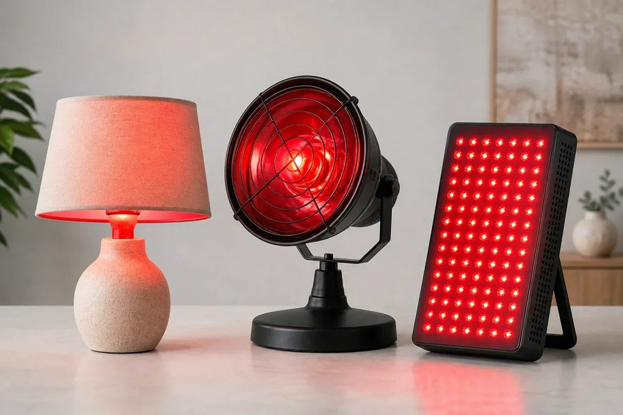 Three red-light products showing a household bulb, heat lamp, and therapy panel