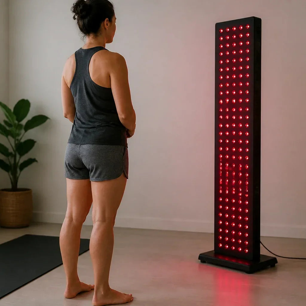Adult in modest athletic clothing standing near a generic full-body red light panel