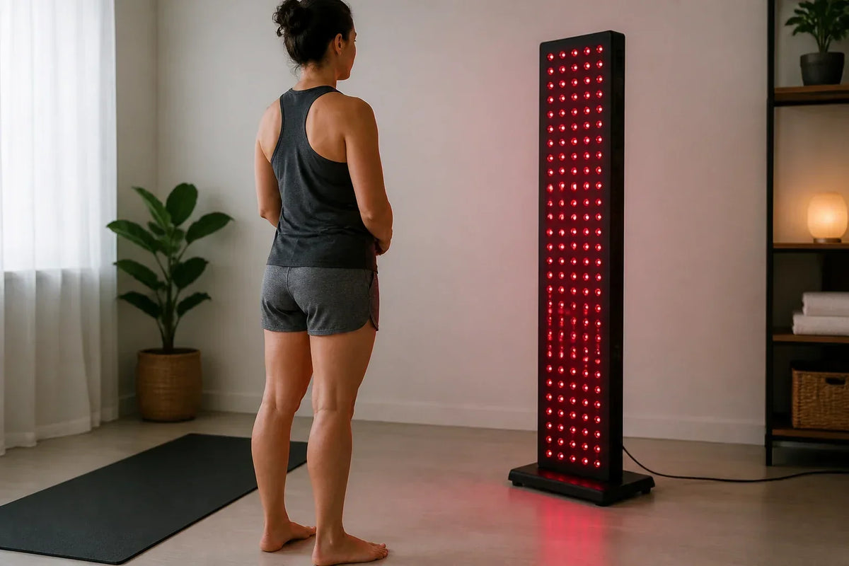 Adult in modest athletic clothing standing near a generic full-body red light panel