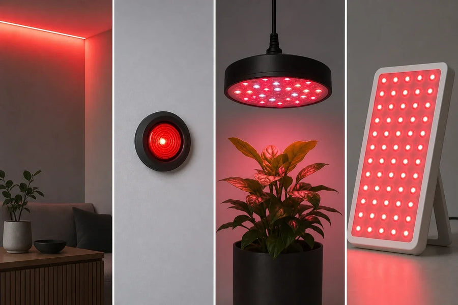 Decorative strip, indicator, grow lamp, and wellness panel showing different red LED uses