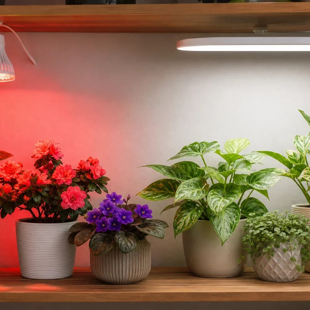 Screw-in red LED grow bulb lighting flowering plants beside a balanced-spectrum fixture