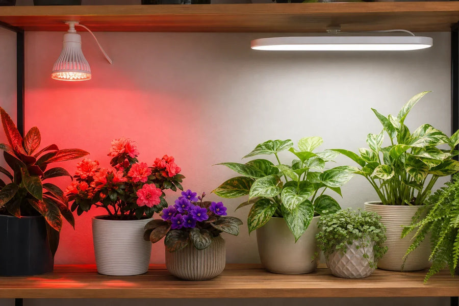 Screw-in red LED grow bulb lighting flowering plants beside a balanced-spectrum fixture