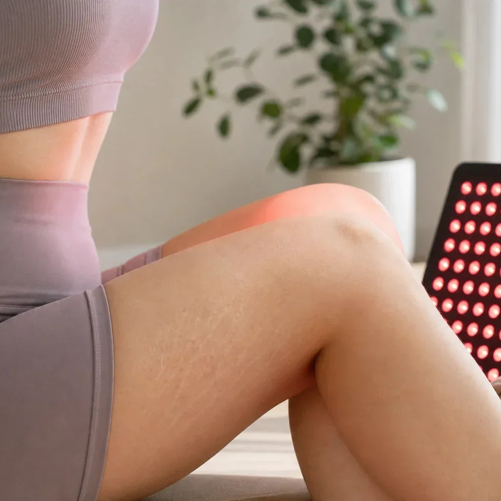 Natural stretch marks on an adult's upper thigh beside a generic red light panel