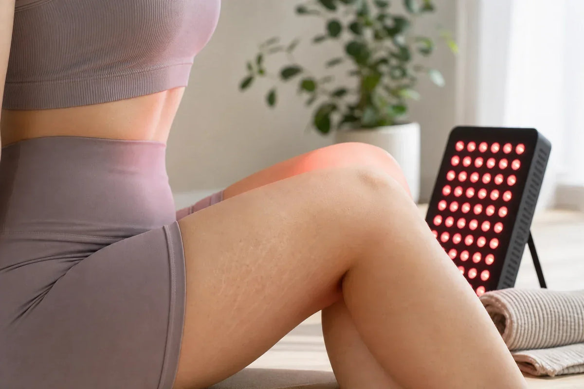 Natural stretch marks on an adult's upper thigh beside a generic red light panel