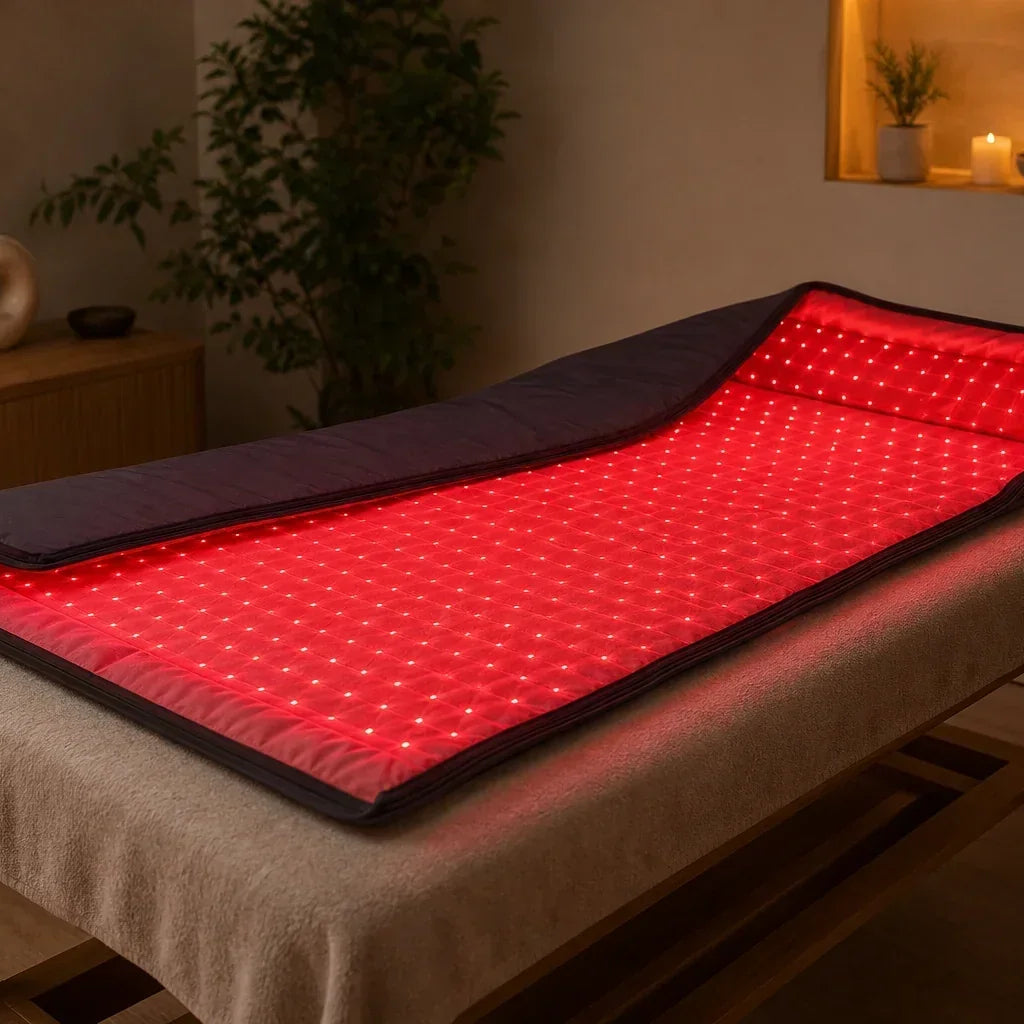 Open red light therapy blanket glowing softly in a clean wellness room