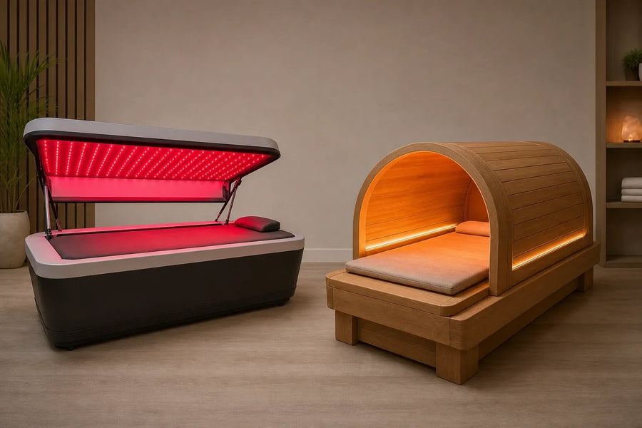 Side-by-side LED light bed and heated infrared sauna dome in a neutral showroom