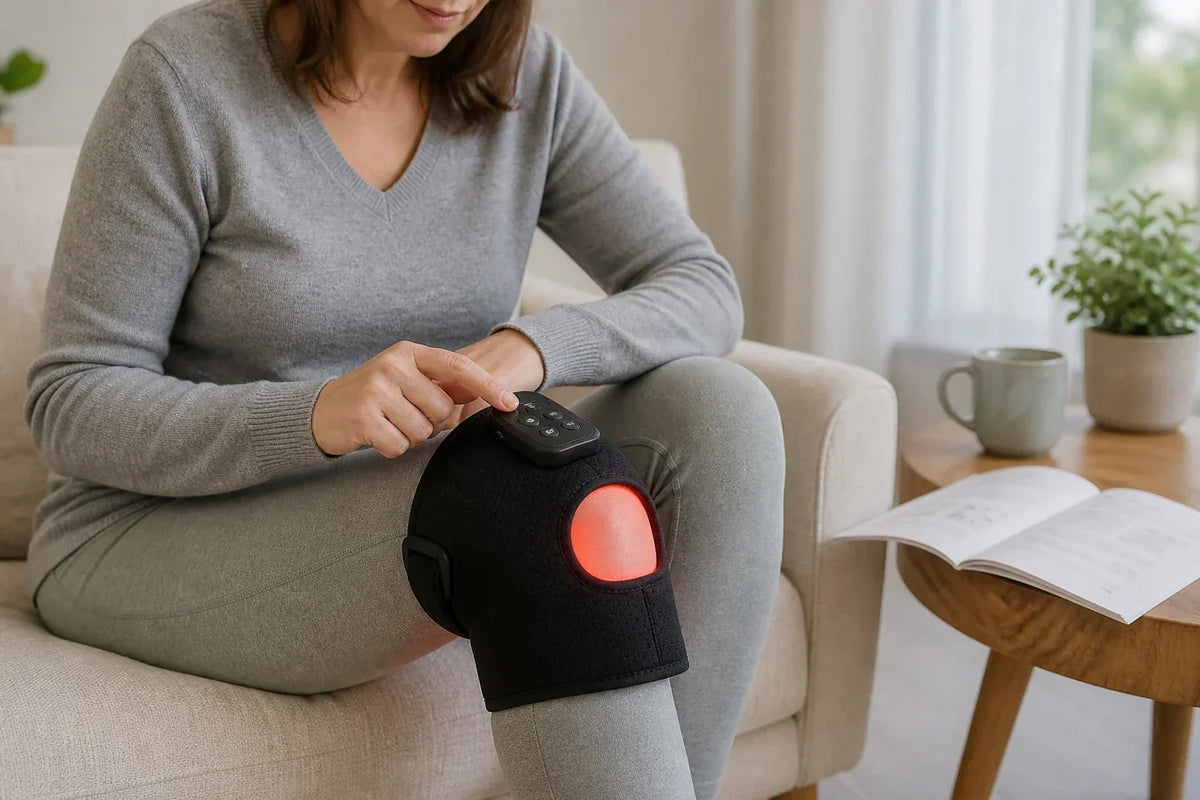 Adult using the controls on a generic red light and heat knee massager over clothing