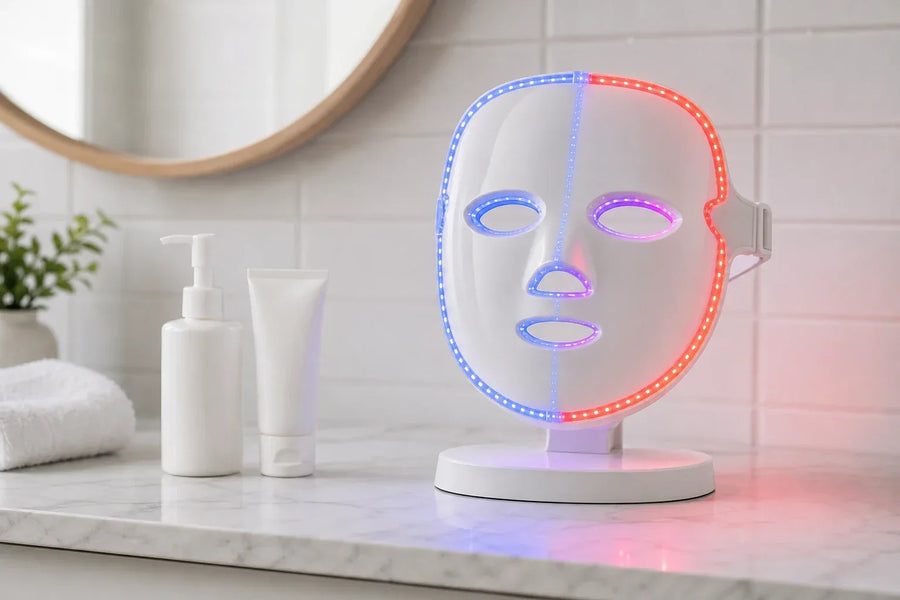 Blue and red LED acne mask shown with a simple skin care routine