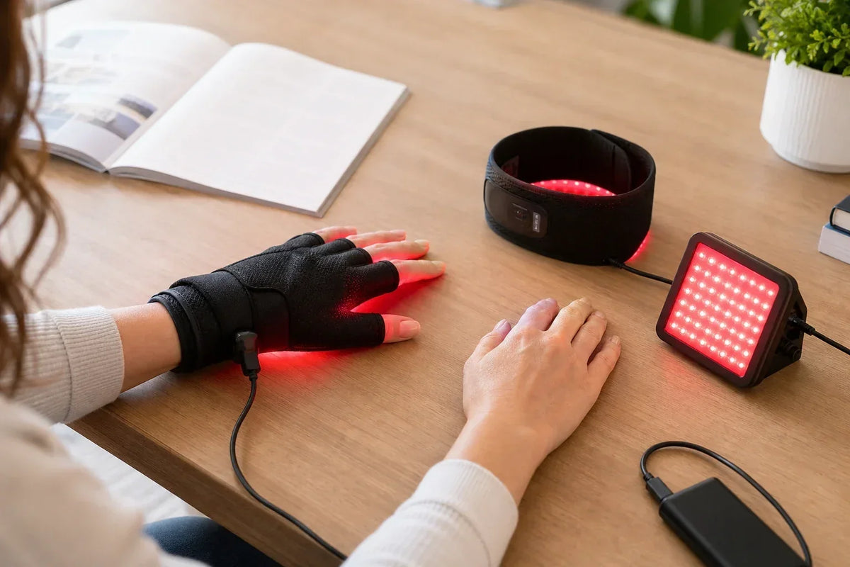 Open-finger red light therapy glove compared with a hand wrap and small panel