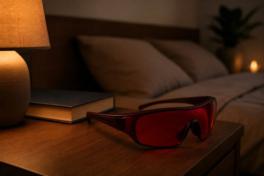Red amber sleep glasses beside a dim bedside lamp in the evening