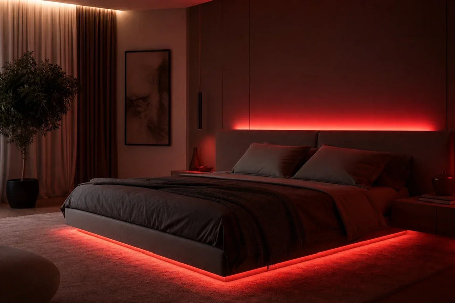 Bedroom illuminated by dim red LED accent lights before sleep