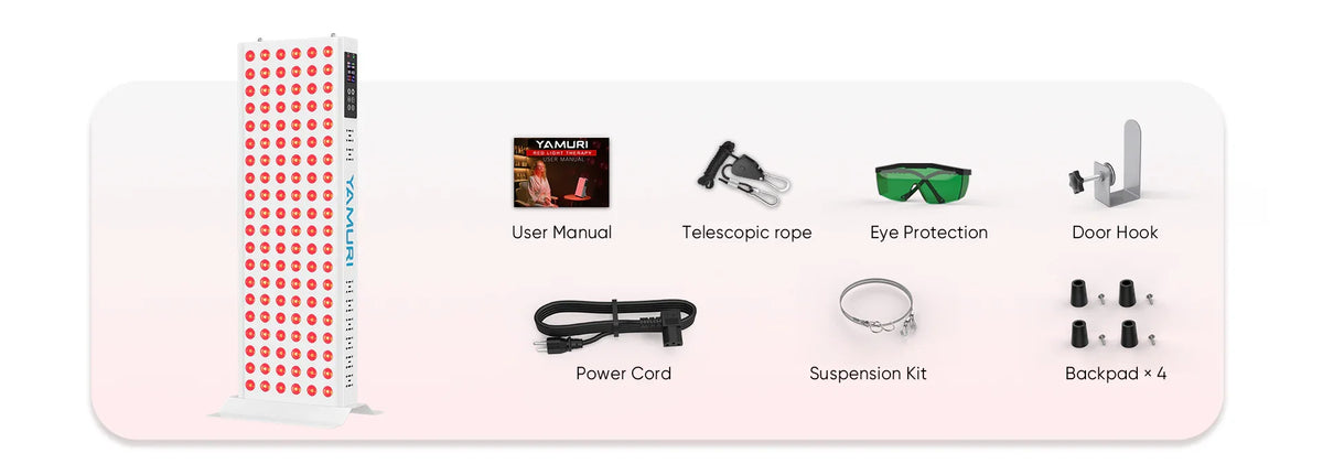 Red light therapy panel with accessories: user manual, eye protection, power cord, suspension kit, and door hook