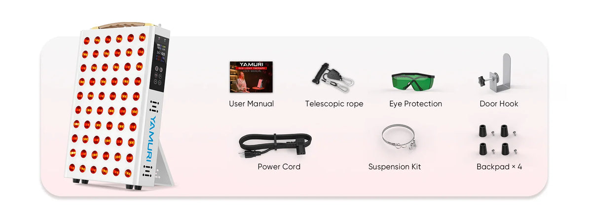 Red light therapy panel with accessories: eye protection, power cord, suspension kit, and user manual for at-home use.