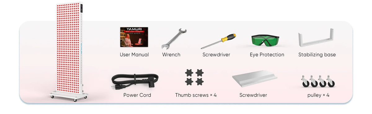 Red light therapy panel with accessories: user manual, tools, eye protection, base, power cord, screws, and wheels