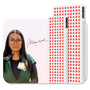 Woman with glasses and name badge next to LED red light therapy panels
