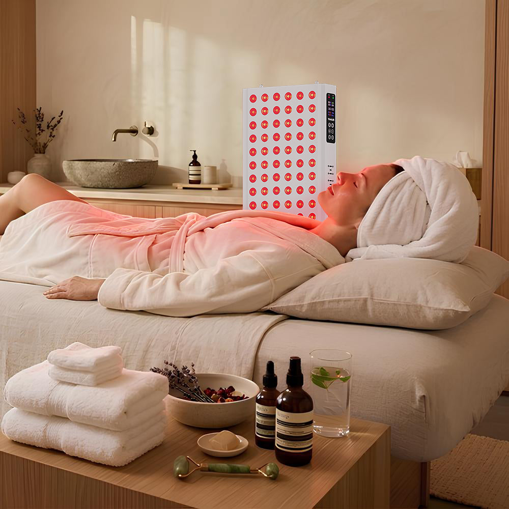 Woman in spa setting using red light therapy panel for facial skincare treatment