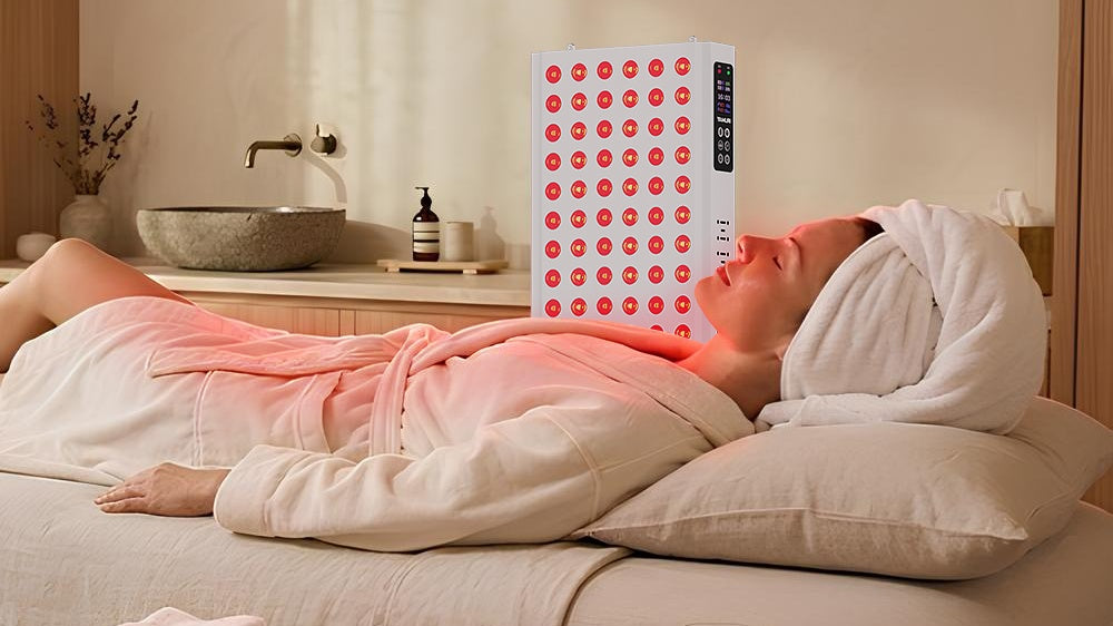 Woman relaxing on spa bed with high-power LED red light therapy panel targeting face and body