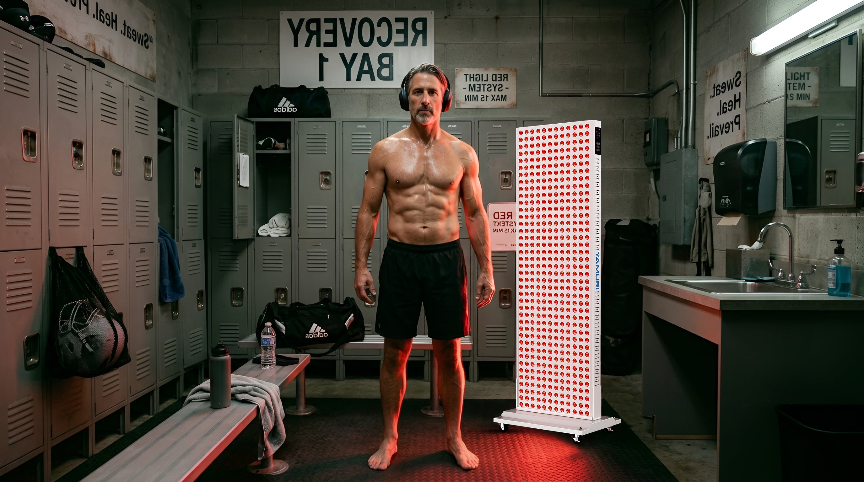 Muscular man using a large red light therapy panel in a locker room setting