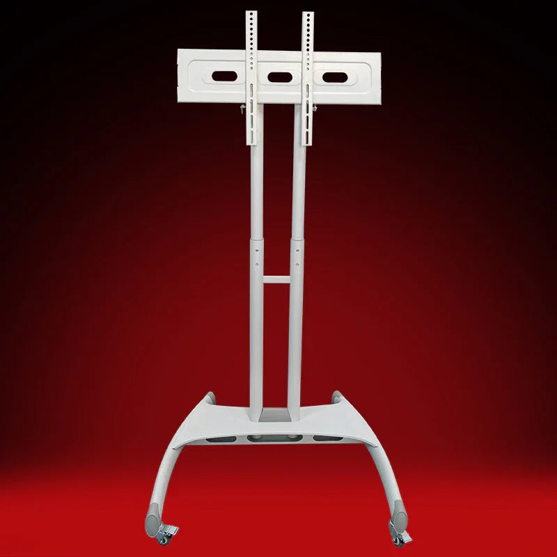 White adjustable rolling stand for red light therapy panel with wheels and mounting brackets