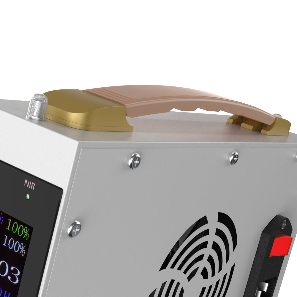 Close-up of the YA60-2W7 carrying handle, rear cooling fan, power inlet, and side LCD control panel